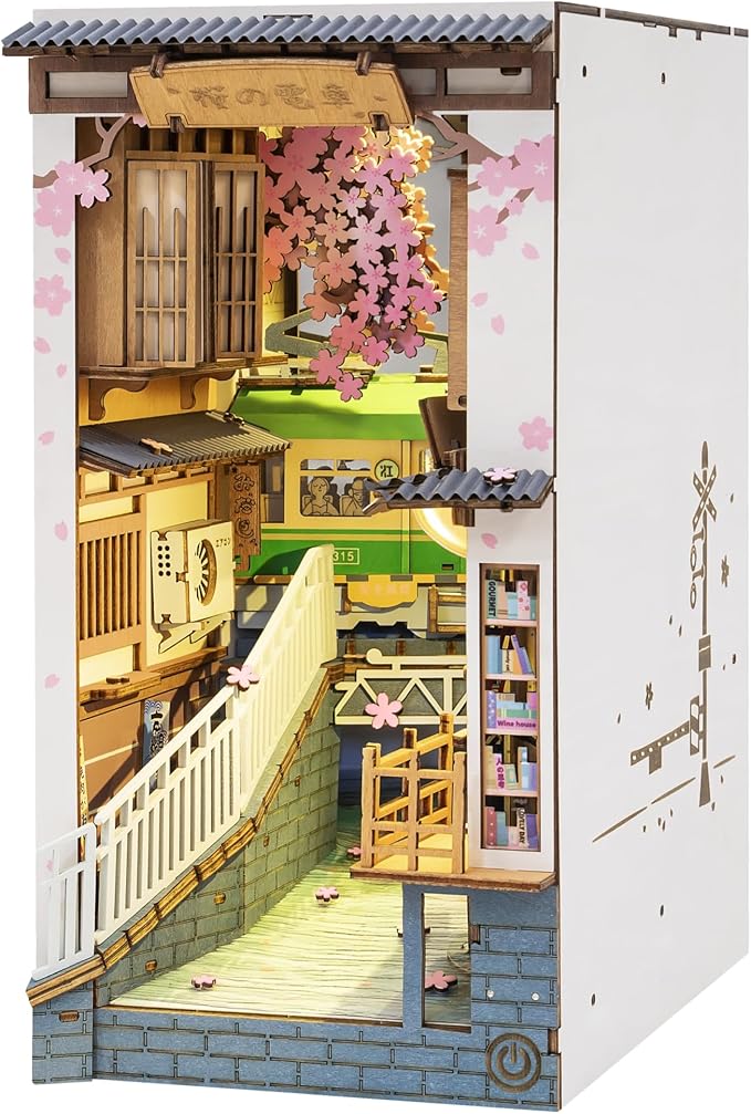 ROBOTIME DIY Book Nook Kit DIY Miniature Dollhouse Booknook Kit 3D Wooden Puzzle with LED Light,Decorative Bookend Bookshelf Insert Decor for Teens and Adults (Sakura Tram)