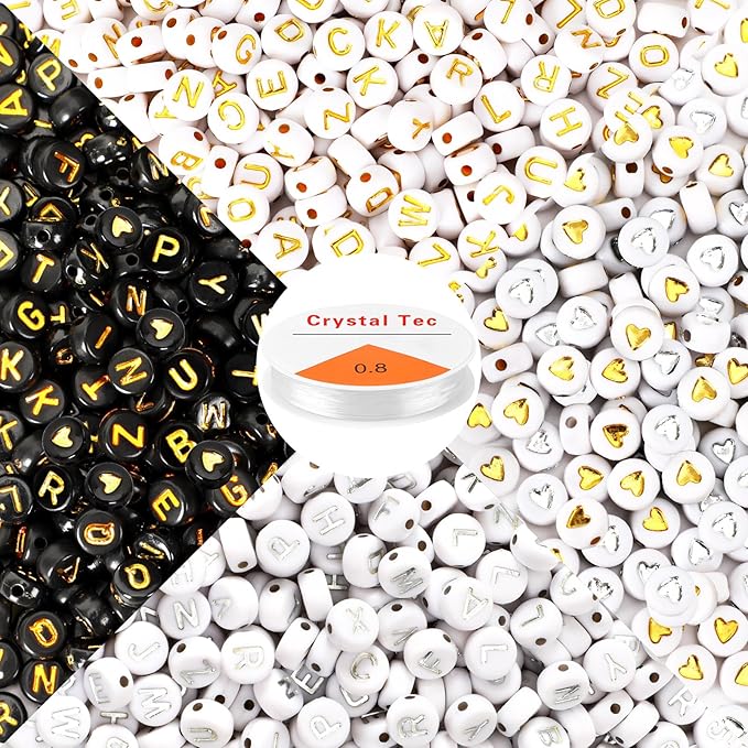 1900pcs Letter Beads, DECYOOL Acrylic Alphabet Beads with 1 Roll Elastic String for Bracelet Necklace Jewelry Making Supplies (Gold&Silver&Black)