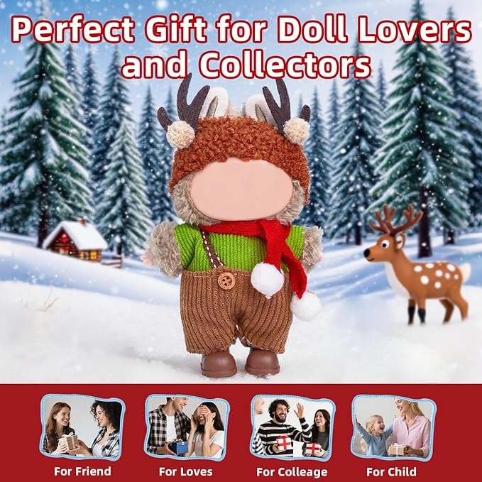 17cm Doll Clothes Set (No Doll), 5 Pieces Outfit Set for 6.7inch Dolls Suit, Stylish Adorable Dolls Christmas Clothes Accessories,Includes—Moose hat + Scarf + Top +Overalls+ Shoes(Style G)