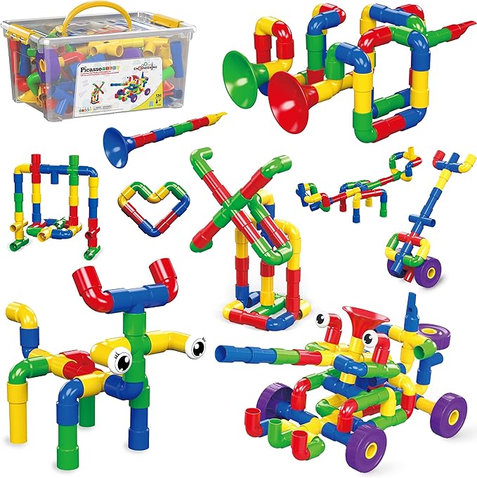 PicassoTiles PTT136 136pcs Tubular Pipes & Spout STEAM Interlocking Educational Building Block Set, Tube Locks, Pipeworks Construction Blocks w/Storage Container Box, Idea Book, Flute Musical Kit