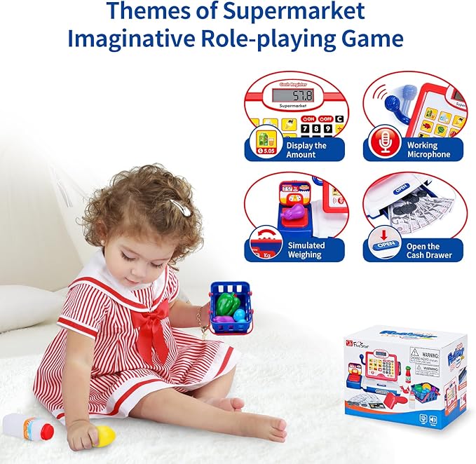 FS Toy Cash Register for Kids with Scanner, Play Money, Credit Card, Shopping Basket, Pretend Play Toys for Toddler 3-5-7 Years Old Boys and Girls Preschool Learning Activities, 57 Pieces Play Set