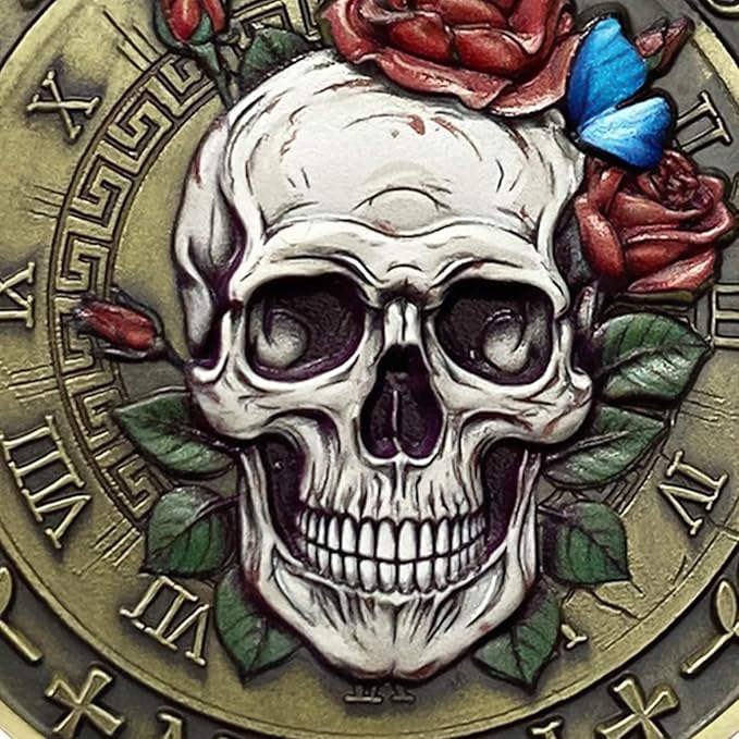 AtSKnSK Memento Mori Coin Momento Mori Coin Skull Coin Stoic Gifts Memento Mori Calendar Living Memento Mori Amor Fati Coin (Moth Rose Skull)