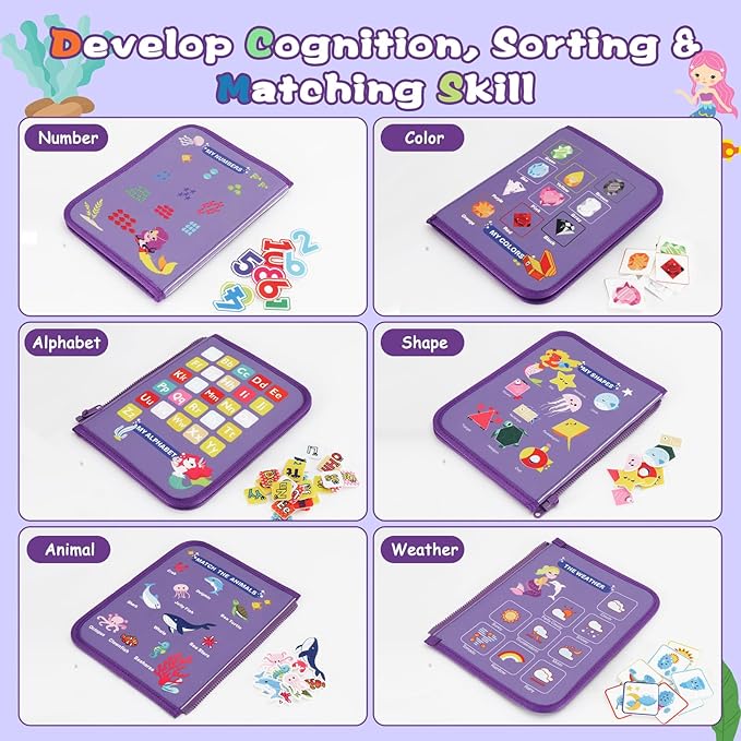 Montessori Busy Board for Toddlers 1-3, Soft Sensory Activity Book with Life Skills, Cognition, Sorting, Matching, Travel Toys for Airplane Car, Gift for Girls Boys 2-4 Years Old (Mermaid)