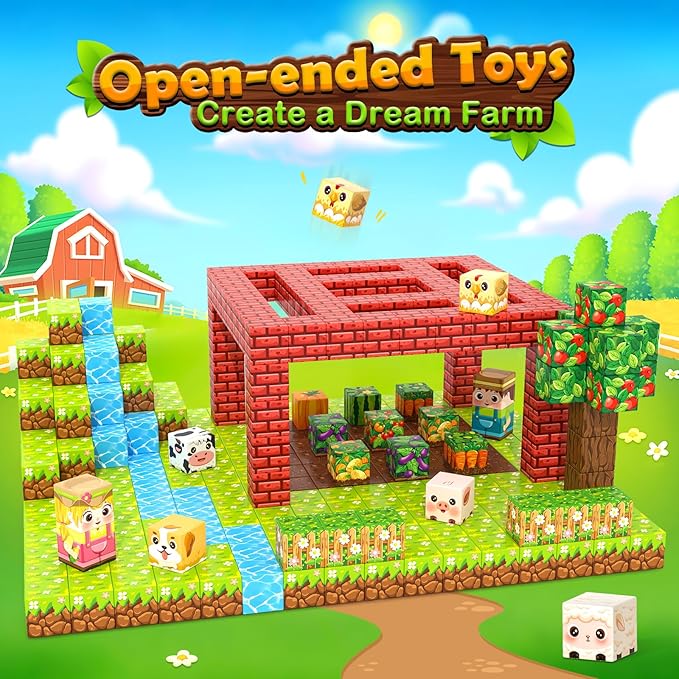 1" Magnetic Blocks - Build Mine Magnet World Farm Animals Set, 100PCS Vibrant Colorful Magnetic Blocks with Ultra Magnet Strength for Kids Ages 3-12, STEM Toys Ideal Gifts for 3+ Years Old Boys Girls