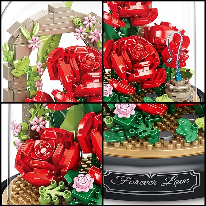 Artificial Flower Bouquet Building Set for Adult,Mini Plant Bonsai Tree Friend Set for Girl,Botanical Collection Gift for Kids,Office Home Decor Building Block,Birthday Gift for Women(Roses)