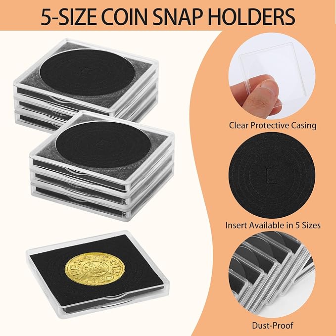 80 Pcs Coin Holders for Collectors, Clear Coin Cases with 5-Size Sponge Gaskets 20/25/30/35/40mm, Plastic Coin Slabs and Coin Protectors for Silver Dollar Collectors Collection Supplies, Black