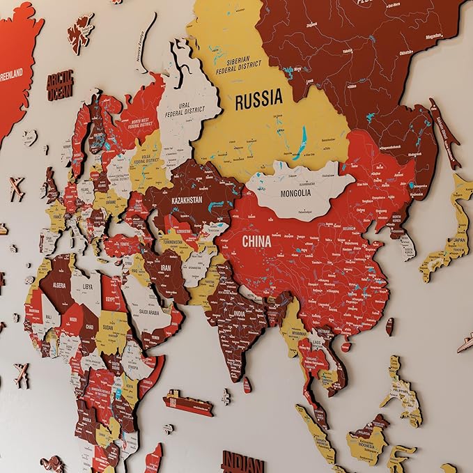 Colorfull Worlds 3D Wooden World Map Wall Art - Premium Multicolored World Travel Map for Wall Decor with Push Pins- Ideal Housewarming Gift & Travel Tracker (XLarge, Terracota)