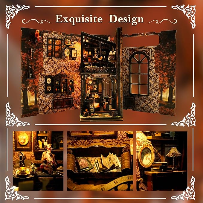 DIY Book Nook Kit Wooden Bookshelf Miniature Serenity Coffee House Kit 3D Wooden Puzzles Bookends Miniature House Kit Book Nook Bookshelf Insert Decor with LED Lights Wood Crafts for Adults