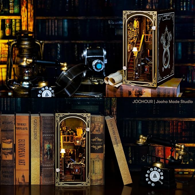 DIY Book Nook Kit, Dollhouse Miniature, Booknook Bookshelf Insert Alley 3D Wooden Puzzle, Bookends Model Building Kit with LED Light, Gift for Teens and Adults, Back to Memory