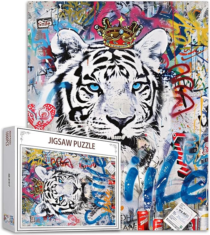 Tucocoo White Tiger Jigsaw Puzzle 1000 Pieces Puzzles for Adults, Animals Banksy Graffiti Style Jigsaw Puzzles for Challenging Family Activity Games Colorful DIY Craft Puzzle for Home Decor Gifts