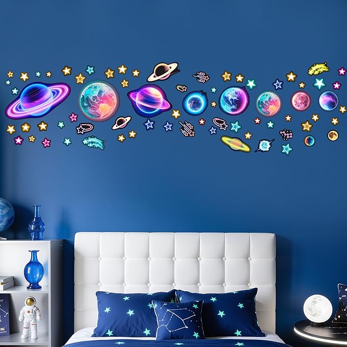 Glow in The Dark Neon Stars and Planets Wall Decals, Fantasy Colorful Space Stars Wall Stickers, Kids Room Space Decor, Ceiling Windows Nursery Living Room Playroom Bedroom Decorations