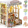 MOMIBOOK Book Nook Kit 153 Pcs DIY Miniature Dollhouse Kit for Adults, 3D Wooden Puzzle Mini Booknook Bookend Bookshelf Decor, Tiny House Model, Party Christmas Birthday Gifts, Flower Shop Cabin