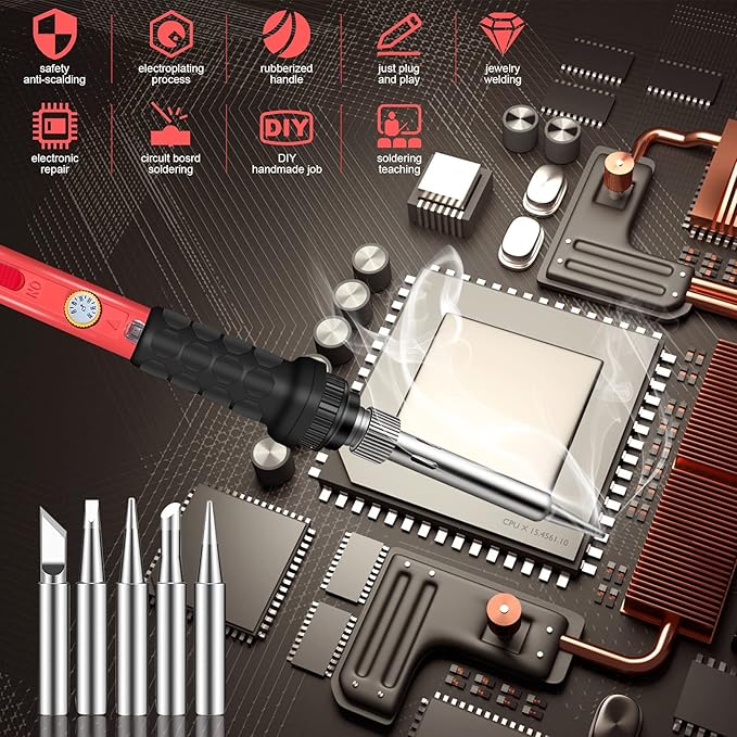Soldering Kit, 60W Soldering Iron, 110V Welding Kit with Ceramic Heater, Portable Solder Irons with 5pcs Extra Tips, Stand, Solder Tube, Sponge, for Electronic Repair