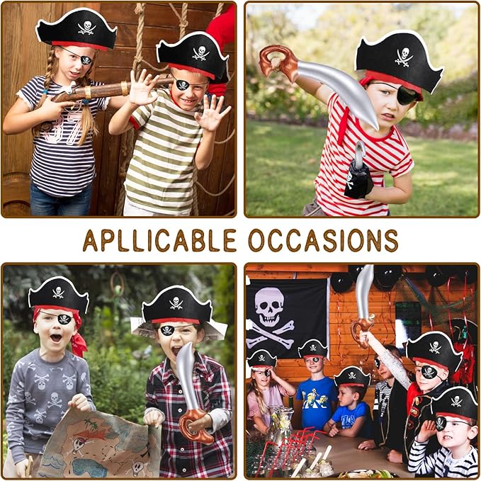Legigo 72 Pcs Pirate Party Set- Include 24 Pirate Hats, 24 Eye Patches, 24 Inflatable Swords Pirate Accessory for Caribbean Fancy Dress Cosplay Themed Party Stage Prop