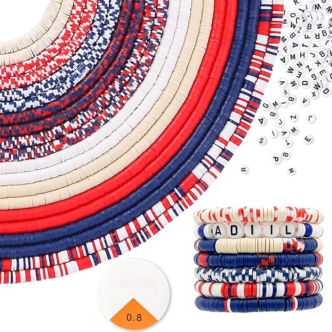 ADIIL 7200pcs Clay Beads Bracelet Making Kit, 6mm Polymer Heishi Beads for Jewelry Making, Friendship Bracelet Kit Birthday Gift for Adults Red Blue White