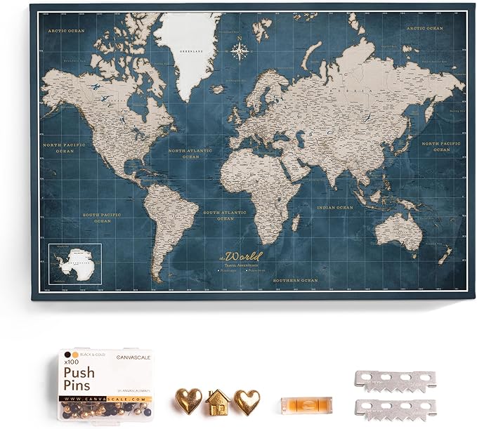 Canvas World Map with Cork Pin Board - English Lettering - Decorative Wall Decoration for All Rooms - Canvas Pictures with World Map Motif (70x50 cm, Pattern 19)