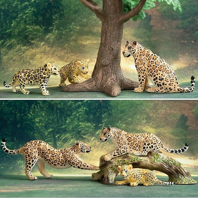 Toymany 7PCS Jaguars Figurines with Jaguars Cub and Tree Trunk, Realistic Jungle Animals Figures Family Playset, Educational Toy Cake Toppers