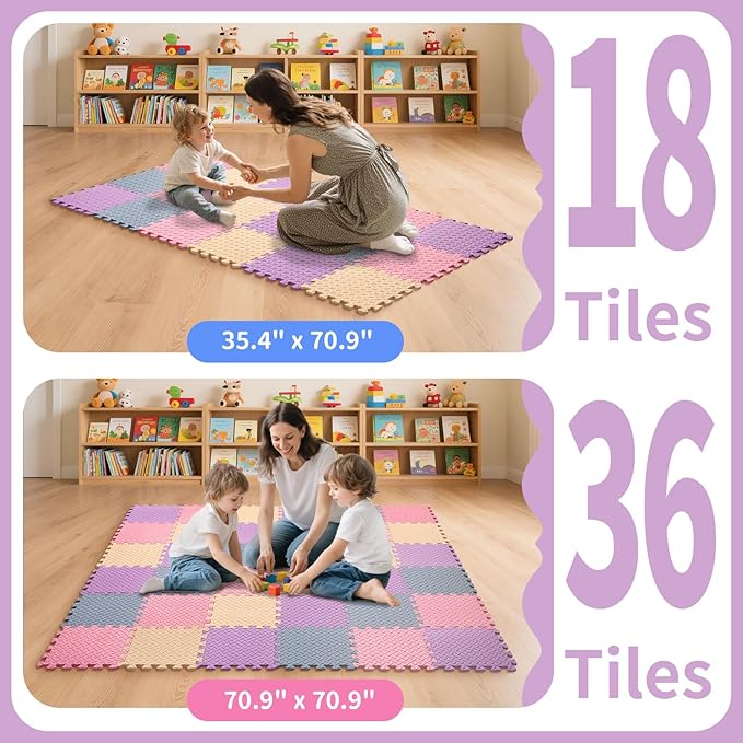 36 Tiles Foam Play Mat for Baby, 0.4 Inch Thick Foam Interlocking Floor Mats, Non-Toxic Baby Playmat, Solid Colored Puzzle Play Mat Kids Floor Mats for Toddler(Beige/Pink/Purple/Gray Blue)