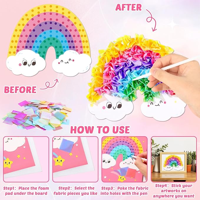 8PCS Poke-in Craft and Art Kit for Kid Unicorn Theme No-Mess Fabric Sewing Art Girls Boys 4-12 Puzzle Puncture Painting DIY Pastel Rainbow Toy Gift for Creative Activity Game Birthday Party