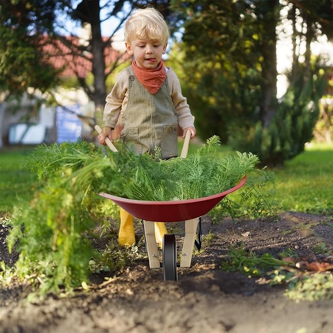 Qtioucp Kids Wheelbarrow Set with Gardening Tools Outdoor Backyard Garden Play for Toddlers Boys Girls 3-8, with Shovel, Rake, Leaf Rake, Easter Birthday Gifts (Wheelbarrow Red Color)