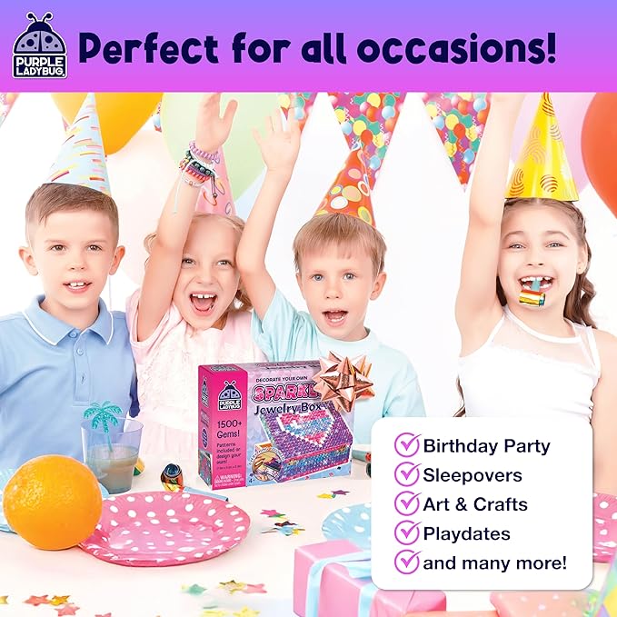 PURPLE LADYBUG Sparkly DIY Wooden Jewelry Box Craft for Girls 8-12 with 1500+ Non-Toxic Gems - Christmas & Birthday Gift for 4 5 6 7 8 9 10 11 12 Girl, Girls Toys 8-10 - Mosaic Mermaid Unicorn Design