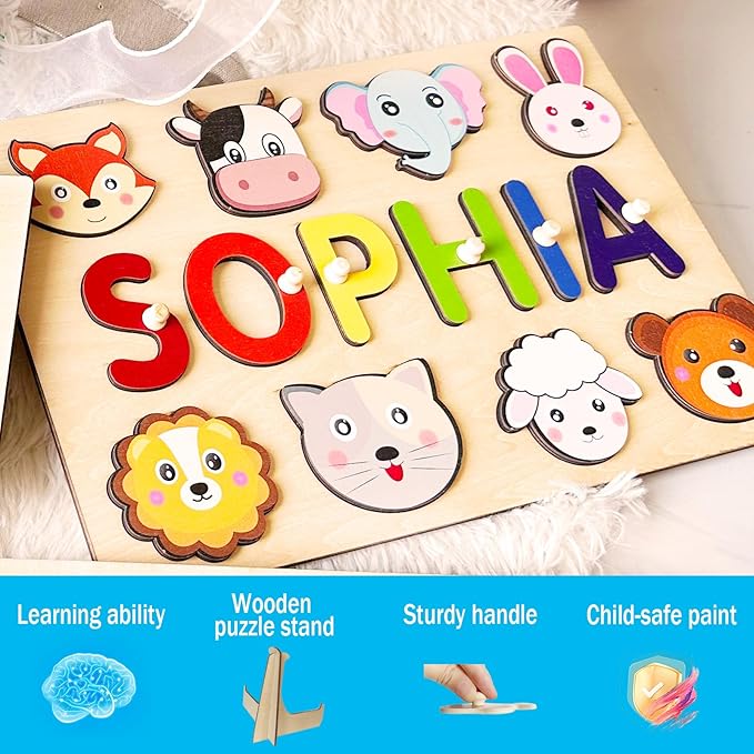 Name Puzzle for Kids Personalized, 1st Birthday Girl and Boy,Custom Baby Easter Gifts with Engraved Text on Back, Montessori Learning Toys for Boy & Girl (Blue Gradient)
