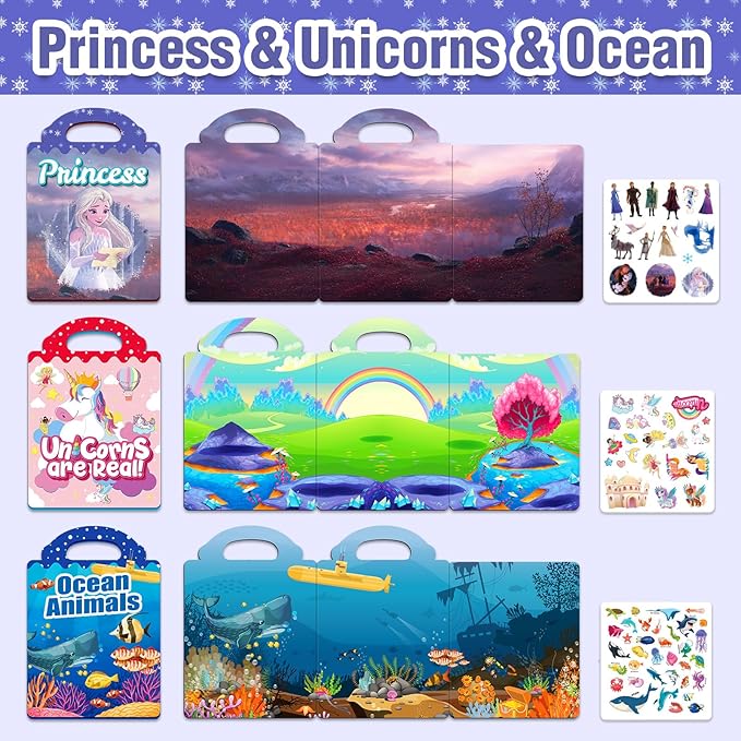 3 Sets Reusable Sticker Books for Toddlers 1-3, Removable Jelly Sticker Books for Kids 2-4 Years, Toddler Travel Toys Activity Book Trip Essentials for Kids- Princess, Unicorn and Ocean