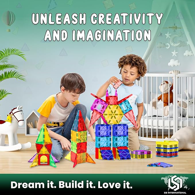 3D Magnetic Tiles 100 Pcs with 2 Cars, Magnet Building Blocks Construction Set, Magnetic Toys for Kids Ages 3-9, Educational STEM Learning Magnet Tiles with Cars