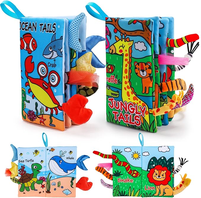 2PCS Baby Books 0-6 Months Tummy Time Infant Toys 0-3 Months High Contrast Baby Sensory Toys 3-6 6-12 Months Newborn Essentials Must Haves Crinkle Touch Feel Busy Soft Books for Babies Shower Gifts
