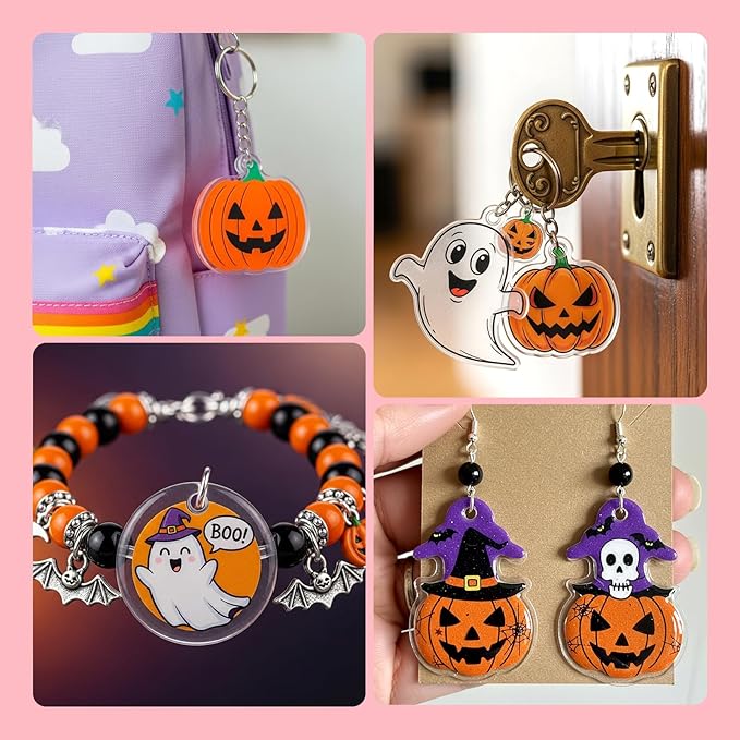 Auihiay 145 Pieces Halloween Heat Shrink Plastic Sheet Kit Include 8 Shrink Paper with Halloween Patterns, 4 Blank Shrink Film Papers, Hole Punch, Keychains, Pencils for Kids DIY Creative Craft