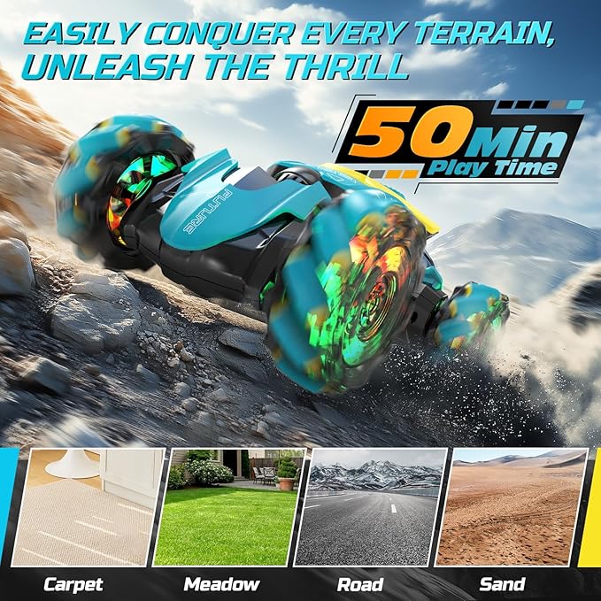 DEERC Gesture Sensing RC Stunt Car with Fog Mist & Music, 4WD Hand Controlled Remote Control Drift Car Toy for Kids, All Terrain Off-Road Double-Sided Driving with Lights, Birthday Gift for boy