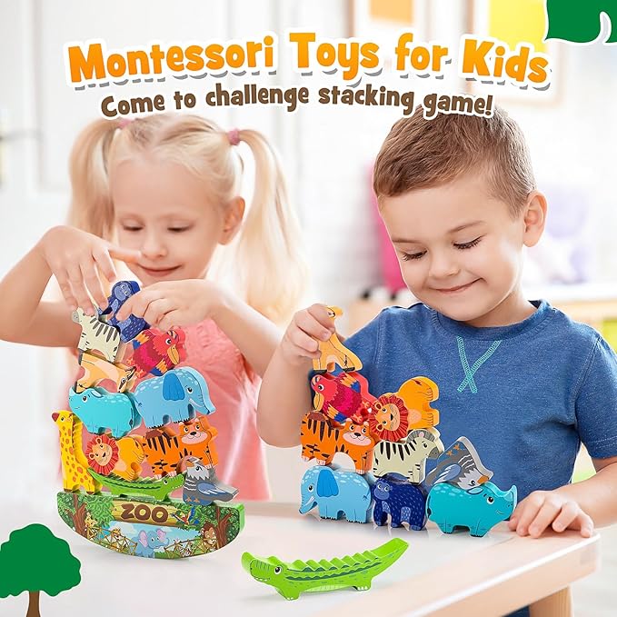 Wooden Animal Blocks Stacking Toy Kids Christmas Birthday Gifts for Boy Girl Age 3-7 Animals Montessori Toddler Toys 3 4 5 6 7 8 Year Old Boys Girls Educational Toys Fine Motor Balance Game