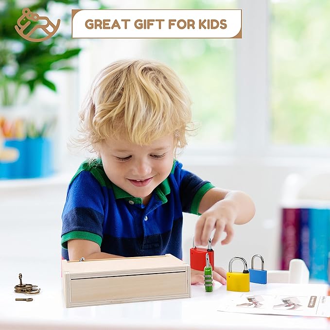 Woodtoe 8 PCS Montessori Lock and Key Toy, Montessori Toys for 3 4 5 Year Old, Kids Tool Set, Montessori Materials Preschool Learning Sensory Toy, Fine Motor Skills, STEM Toys for Toddlers Kids