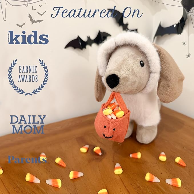 MON AMI Mummy Puppy Plush Toy – 10” Halloween Stuffed Animal Plushie with Bandage Fur & Trick-or-Treat Bag | Cute Mummy Dog for Kids, Toddlers & Festive Decor | Perfect Cuddle Buddy