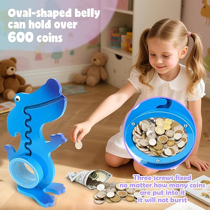 Dinosaur Piggy Bank for Kids Boys Girls, Wooden Dino Coin Bank with Large Clear Acrylic Belly, Cute Money Savings Box for Toddlers Birthday Christmas (Gradient-Blue)