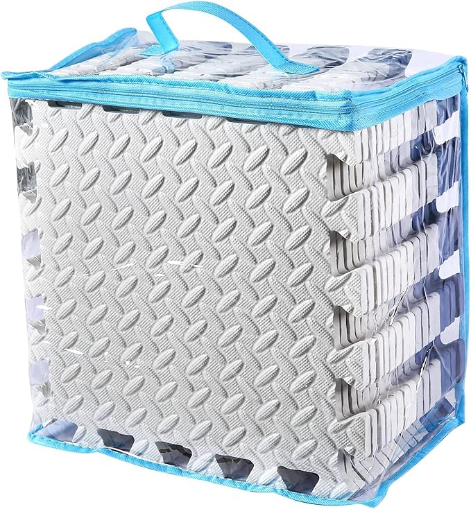 Foam Play Mat for Toddlers, EVA Non-Toxic Interlocking Floor Mats with Solid Colors, Squares Baby Play Mat, EVA Foam Floor Mat Foam Mats for Kids, Baby, 16 Tiles(White/Light Gray/Dark Blue)