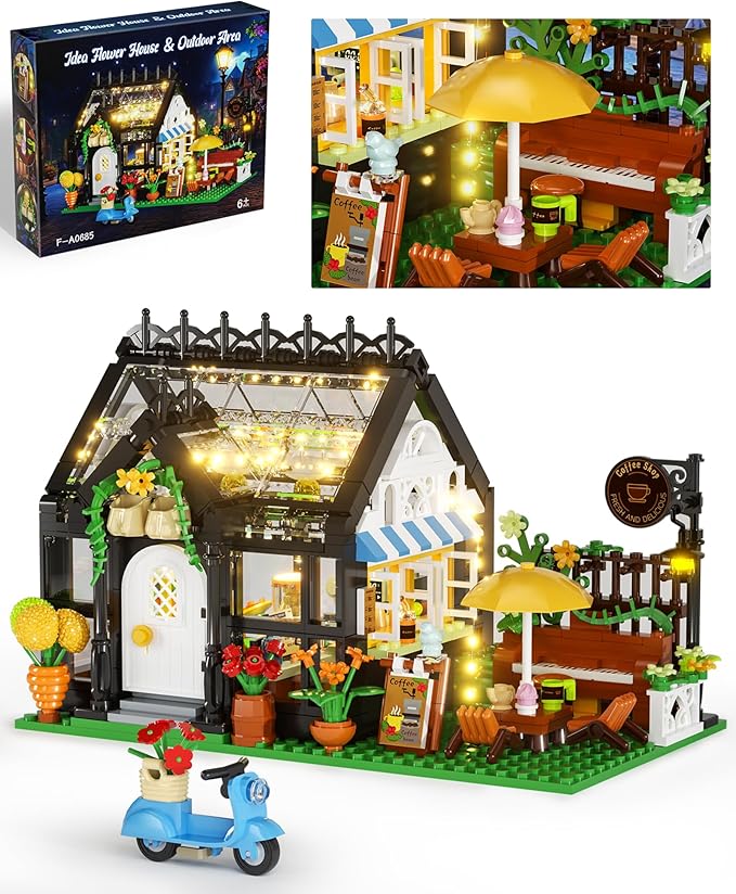 Flower House Building Set, Coffee Shop Outdoor Parasol and Piano Building Kits with Lights, Greenhouse Model Halloween for Girls, Home Decor Office Coffee Bar Display