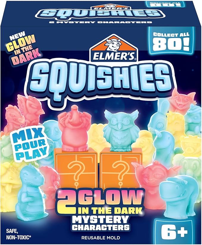 Elmer's Squishies Activity Kit Glow in the Dark | DIY Toy Creation | Mystery Characters | Ages 6+ | Creates 2 Characters, Pack of 4
