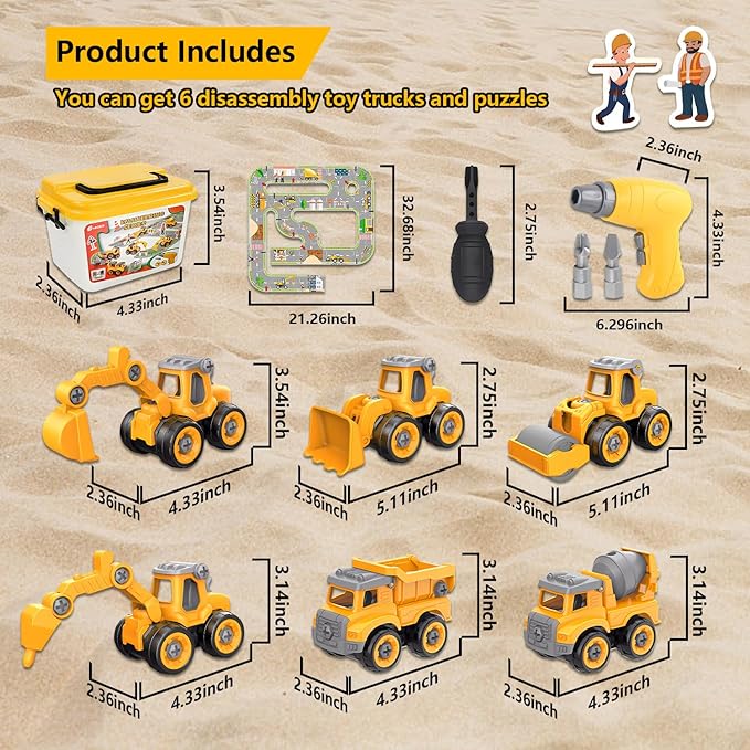Take Apart Construction Truck Excavator Toys for Kids Ages 3-8, STEM Learning Building Toys with Electric Drill & Puzzle Play, Educational Engineering Birthday for Boys Kids Toddlers