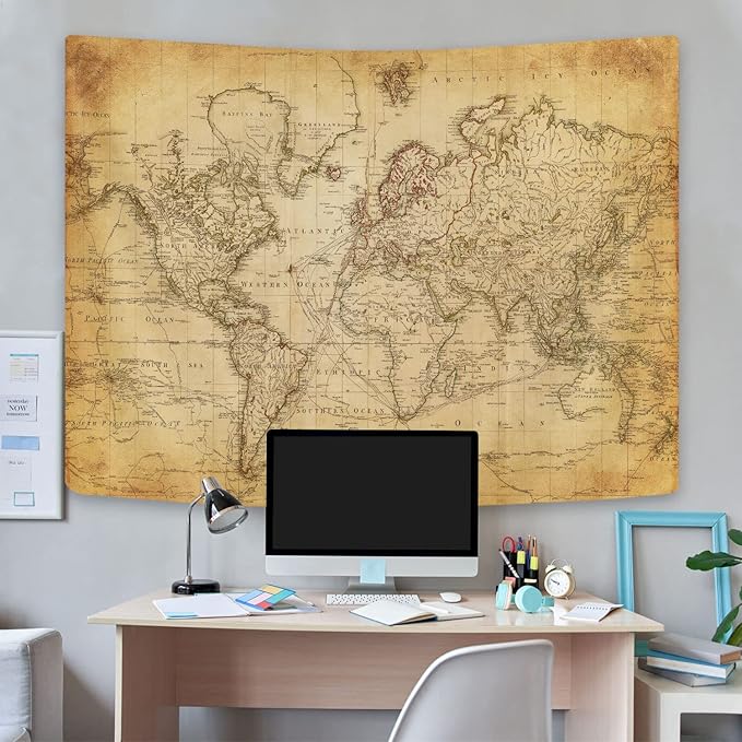 GOAOK Old World Map Tapestry, Vintage Map Geographical Distribution Tapestry Wall Hanging, Brown Historical Atlas Educational World Map Poster for Classroom Bedroom Living Room Office 40x30 Inch