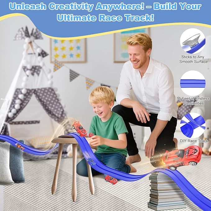 20 Ft Flexible Race Track Toys, Anti Gravity Car Track Set, Flex Race Car Ramp Track with Suction Cups - Rolls Up Portable DIY Race Track with 4 Racing Cars- Kids Race Car Track Toy (Dark Blue)