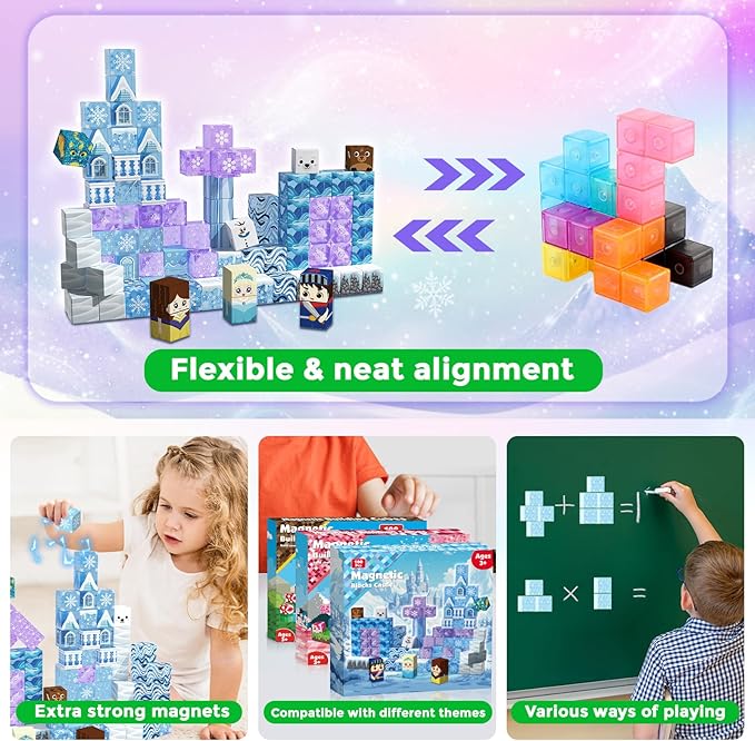 Magnetic Blocks - 100PCS Magnetic Building Block for Kids Age 3+, Transparent Magnet Cubes Blue Castle Princess Building Toy Sets, STEM Magnets Toys Birthday Gift for Boys Girls 4 5 6 7 8 9 10 11 12+