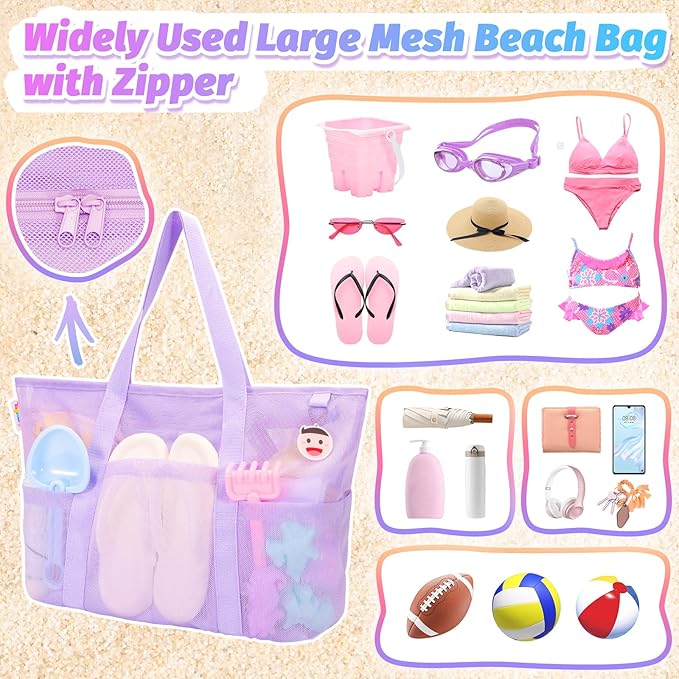 Tagitary Mesh Beach Bag with Zipper Large Beach Tote Waterproof Sandproof with 8 Pockets for Toys Pool Bag Beach Accessories