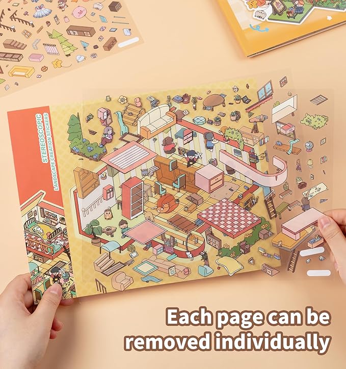 Sticker Book, 6 Sets DIY 3D House Stickers, Fun DIY Stickers Scene Make Your Own Mini House Cute Cartoon Animal Scene Sticker for Kids Adult Sticker Art Relief Stress Pass The Time