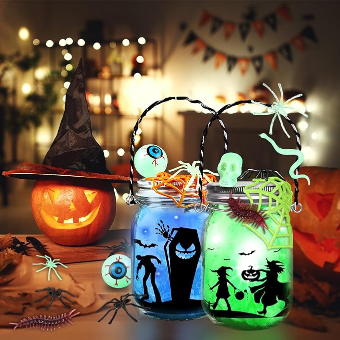 AuroTops Halloween Crafts for Kids,12 Pack Halloween Mason Jar Kit with Accessories for Kids DIY Kits,Party Favors Party Decorations for Classroom Goodie Bags Trick or Treat Toys