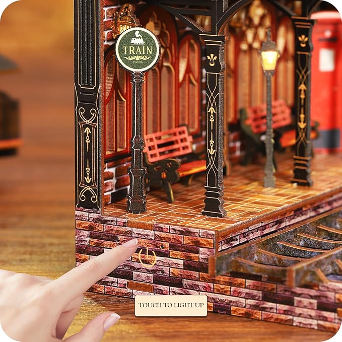 DIY Book Nook Kit for Adults - LED Magic Station Book Nook with Steam Train, Mini House Bookshelf Decor 3D Wooden Puzzles with LED Light, Alley Model Build Birthday Gift for Family, Friends