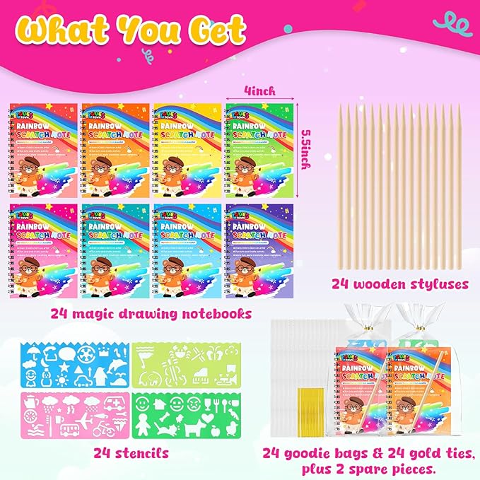 LovesTown Scratch Art Party Favors for Kids, 24 Pack Rainbow Scratch Notebook Craft School Supplies for Goodie Bags Stuffers Classroom Prizes Birthday Gift