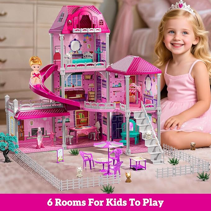 Girl House Toys for Girls 4-8, 3 Storey 6 Rooms Indoor Playset with Doll, Furniture and Accessories, Pretend Toddler Toy, Birthday Gifts for Girl Age 3-5 4-6 6-12