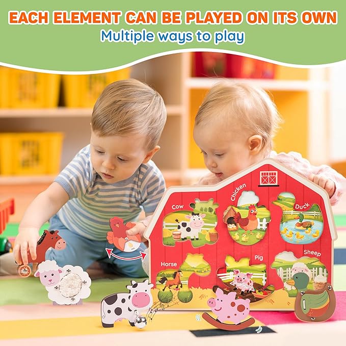 Wooden Montessori Farm Puzzles for Toddlers 1-3 – Interactive Sensory Animal Toys with Textures & Sound -Educational Puzzle & Baby Gifts for Fine Motor Skills & Autism Friendly