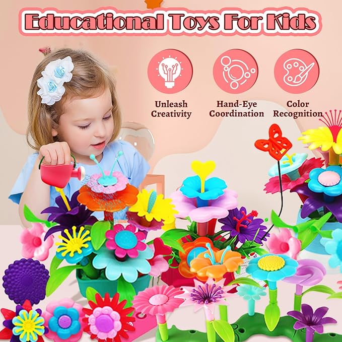 FUNZBO 99pcs Flower Garden Building Toys Set -Spring Toys for 3 4 5 6 7 8 9 Years Old Girls, STEM Montessori Educational Toys for Toddlers Kids,Sorting & Stacking Building Block for Birthday Gifts